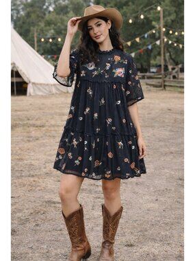 Feminine Flowy Womens Embroidered Floral Sheer Black Zara Dress XS Boho Indie